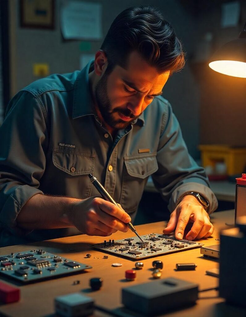 Imagen ilustrativa de un técnico trabajando en la recuperación de baterías de litio mediante inspección y reparación de circuitos, utilizando herramientas como soldadores y componentes electrónicos.